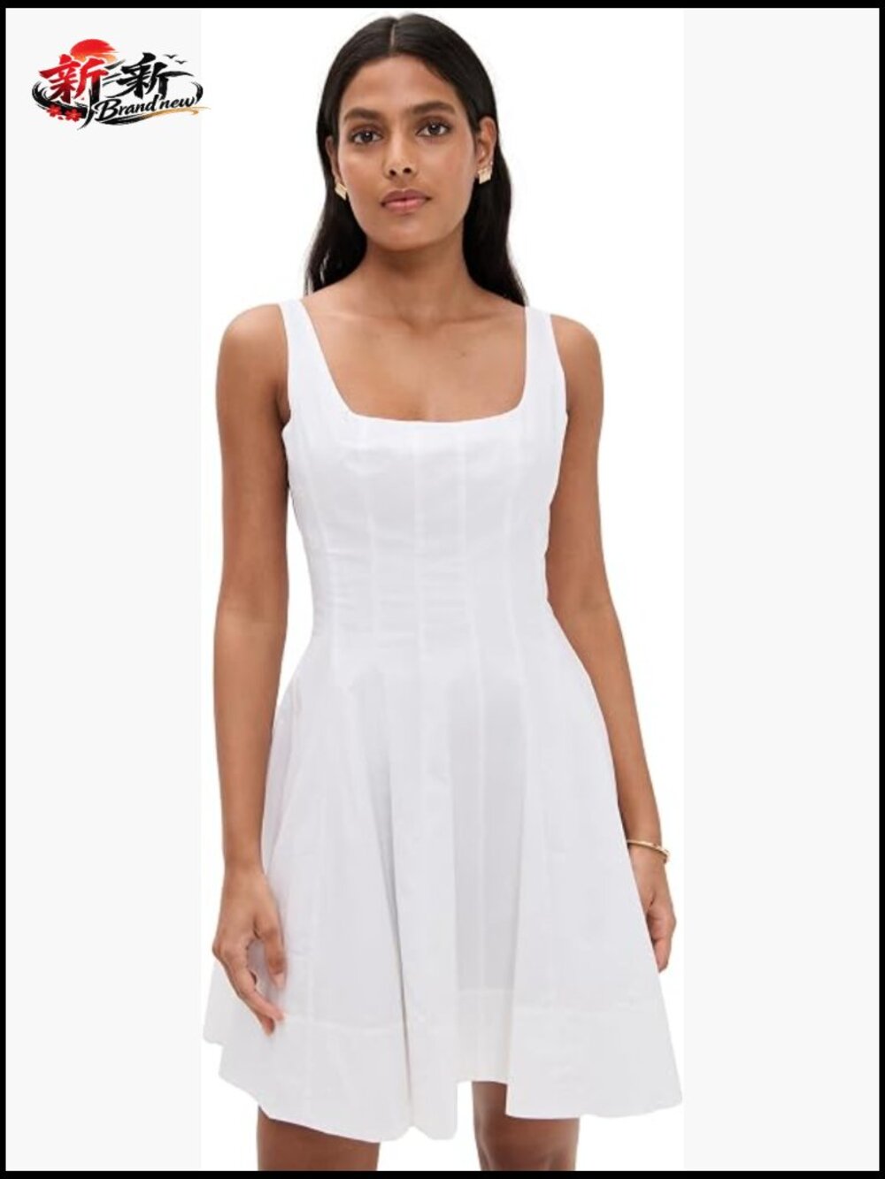 STAUD Wells Mini Dress White Cotton Fit & Flare Sleeveless Hook Eye Zip Back